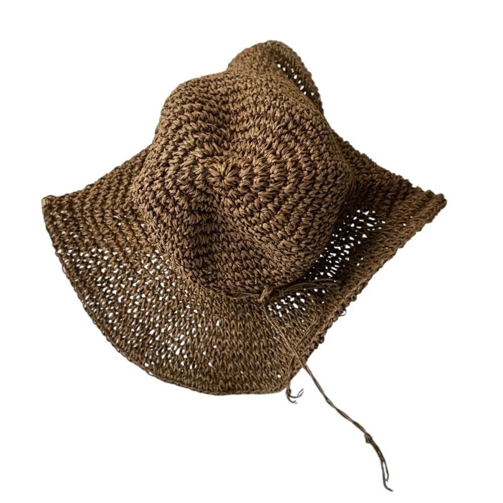 Brown Woven Straw Sun Hat 100%‎ Recycled Paper Vacation Beach Cruise Summer